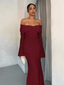 SHEIN BAE Vestido feminino elegante de renda branca com ombros de fora e manga comprida estilo sereia, adequado para casamento, festa e reunião - Borgonha - Ver 3