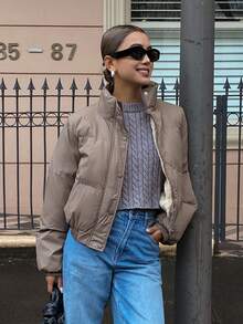 DAZY 女式立领短款毛绒内衬休闲街头风格棉服外套冬季夹克 - 棕色 - 查看 9