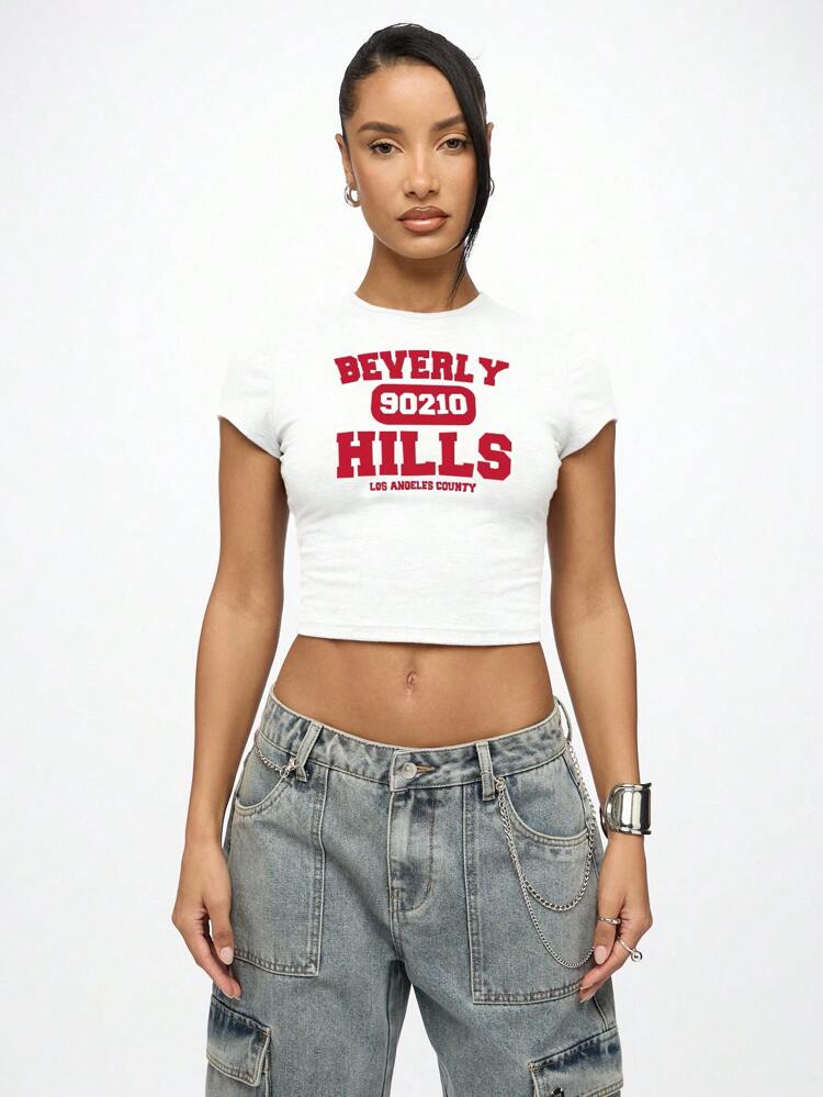 SUMWON WOMEN Y2K Aesthetic Graphic Print Crop Tee