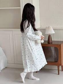 DAZY 女童柔软舒适印花荷叶边领长袖连衣裙，休闲家居服 - 白色 - 查看 7