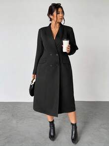 Firerie Plus Size Elegant Black Summer Formal Mandarin Collar Double Breasted Blazer Dress Women,Long Sleeve Flared Hem Tuxedo Jacket For Party,Weddings - Black - View 3