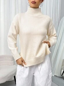 SHEIN LUNE Women's Solid Color High Neck Drop Shoulder Long Sleeve Side Slit Hem Casual Sweater, Autumn - Beige - View 4