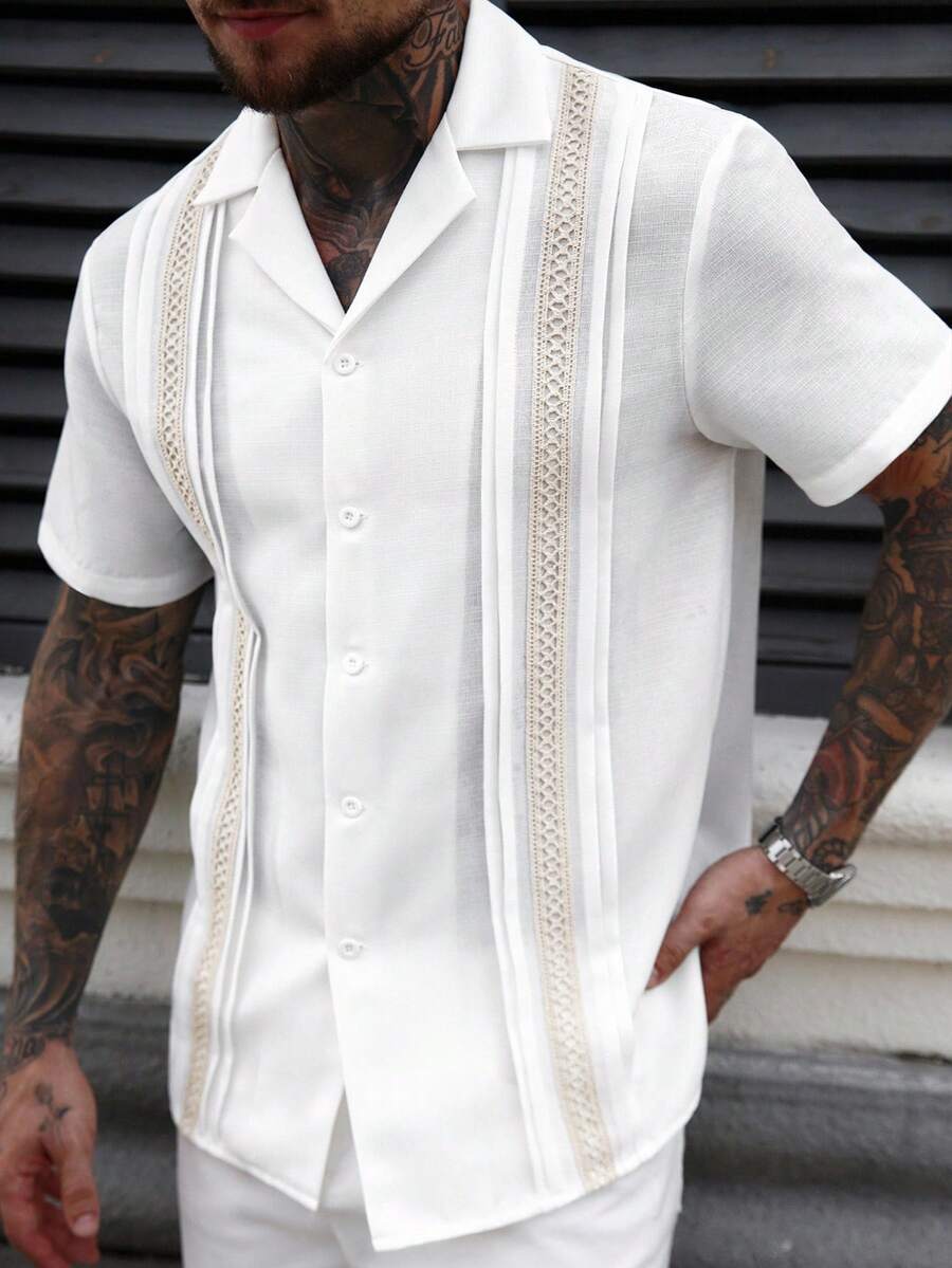 Manfinity CasualCool Áo sơ mi nam tay ngắn xếp ly vải lanh jacquard, kiểu dáng đơn giản, năng động, thích hợp mặc ngoài trời, quà tặng lý tưởng cho bạn trai hoặc chồng - trắng - Xem 1