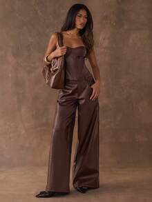 SHEIN BAE Women's Brown Fashion Sexy Party PU Bandeau Crop Top, Leather Corset, Brown Top, Night Out Top, Club Top, Brown Corset, Party Top, Leather Top, Winter Top, Bandeau Corset, Halloween Top, Christmas Top, New Year Top