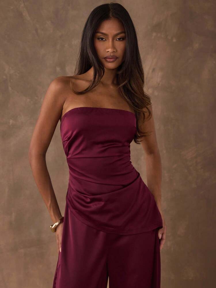 SHEIN BAE Conjunto de Top Tubular e Calça de Cor Sólida Elegante e Assimétrica para Uso Diário no Verão - Vinho - Visão 5