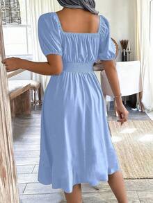 Rafferiza Green Square Neck Puff Sleeve Cinched Waist Women Dress, Spring/Summer - Baby Blue - View 2