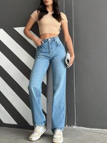 EURMUSE 100%Cotton High Waist Straight Leg Jeans - Blue - View 6