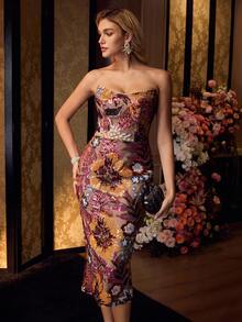 MOTF Soiréza Váy dạ hội MIDI cổ yếm không dây với vải sequin hoa ngẫu nhiên rực rỡ – ôm sát cho tiệc cưới và sự kiện cocktail mùa xuân/hè - màu đen - Xem 7