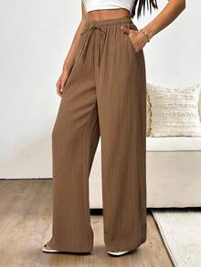 SHEIN Tall Pantalones casuales con cordón de unicolor para mujer - Marrón - Ver 7