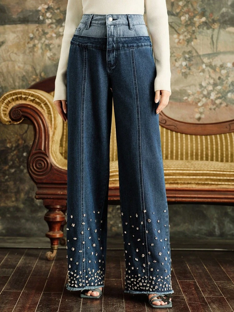 Patchwork Beaded Blue Denim Jeans For Women, Suitable For Street Style, Autumn, Fall, Winter, Going Out, Elegant, Formal, Party, Chic, New Year, Christmas, Work, Graduation, Wedding