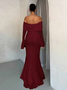 SHEIN BAE Vestido feminino elegante de renda branca com ombros de fora e manga comprida estilo sereia, adequado para casamento, festa e reunião - Borgonha - Ver 2