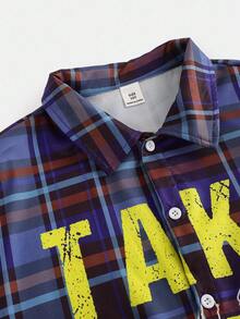 SHEIN 青少年男孩数码印花格子休闲宽松梭织短袖衬衫 - 藍色 - 查看 5