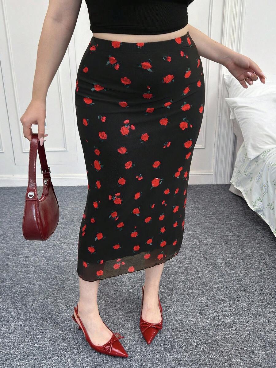 CovetEZ Váy midi họa tiết hoa lưới đen cỡ lớn mùa hè thường ngày/ngày lễ - màu đen - Xem 1