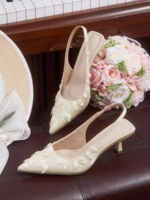 CUCCOO HITCHD Champagne Pointed Toe Bowknot Kitten Heel Elegant Sweet Romantic Women's High Heel Pumps, Suitable For Formal Occasions, Weddings, Parties, Dates, And Holiday Seasons - Apricot - View 3