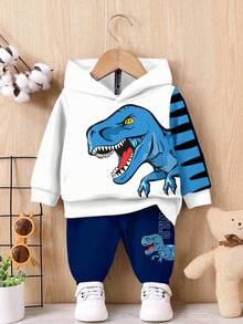 SHEIN Baby Boy Loose Casual Cartoon Animal Cute Style Dinosaur Sports Style Landscape 3D Street Graffiti Loose Comfortable Knit Soft Hoodie Sweatsuit, Suitable For Autumn/Winter Fall - Multicolor - View 5