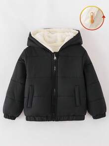 SHEIN Genkimix Kids 年轻男孩冬季新款黑色拉链连帽保暖内衬加厚真口袋休闲经典棉服，秋冬