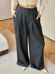 Siren Gaze 女高腰百褶宽松直筒裤灰色条纹阔腿裤秋冬商务休闲高腰阔腿长裤 - 灰色 - 查看 8