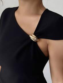 Elenzga Women's Elegant Off-Shoulder Metal Decor Sleeveless Asymmetric Hem Fitted Top And Loose Straight Leg Pants 2 Pieces Set, Versatile For Spring/Summer Vacation - Black - View 7