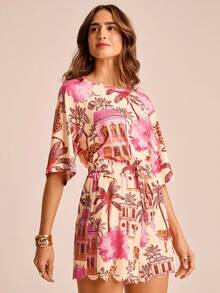 CAJUNI Shorts de mujer estilo boho, tropical y divertido para resort, con estampado de árbol de coco y leopardo, de corte casual y vacacional, con volantes en el bajo