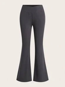SHEIN EZwear 2件套女士黑灰色腰部交叉设计紧身休闲喇叭裤套装 - 彩色 - 查看 4