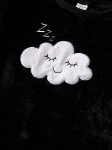 Genkimix Kids Girls Pajamas, Elegant Casual Home Wear, Long Sleeve Top & Pants Set, Cloud & Smile Embroidery, Starry Sky Pattern, Fleece Fabric, Suitable For Tween Girlsin Autumn/Winter Black Pj Set Fall - Black - View 6