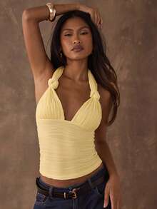 SHEIN BAE 女士性感深V领露背吊带上衣，夏季 - 黃色 - 查看 4