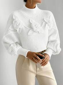 Almamuse Women's Elegant Solid Color 3D Floral Decor Turtleneck Lantern Sleeve Pullover Sweater, Autumn/Winter Fall Cloth For Women - White - View 3