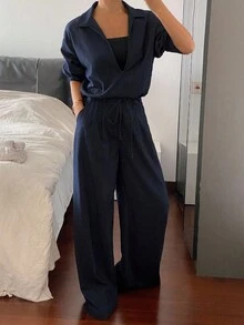 DAZY 女士V领宽松上衣和阔腿裤两件套，秋季 - 藍色 - 查看 5