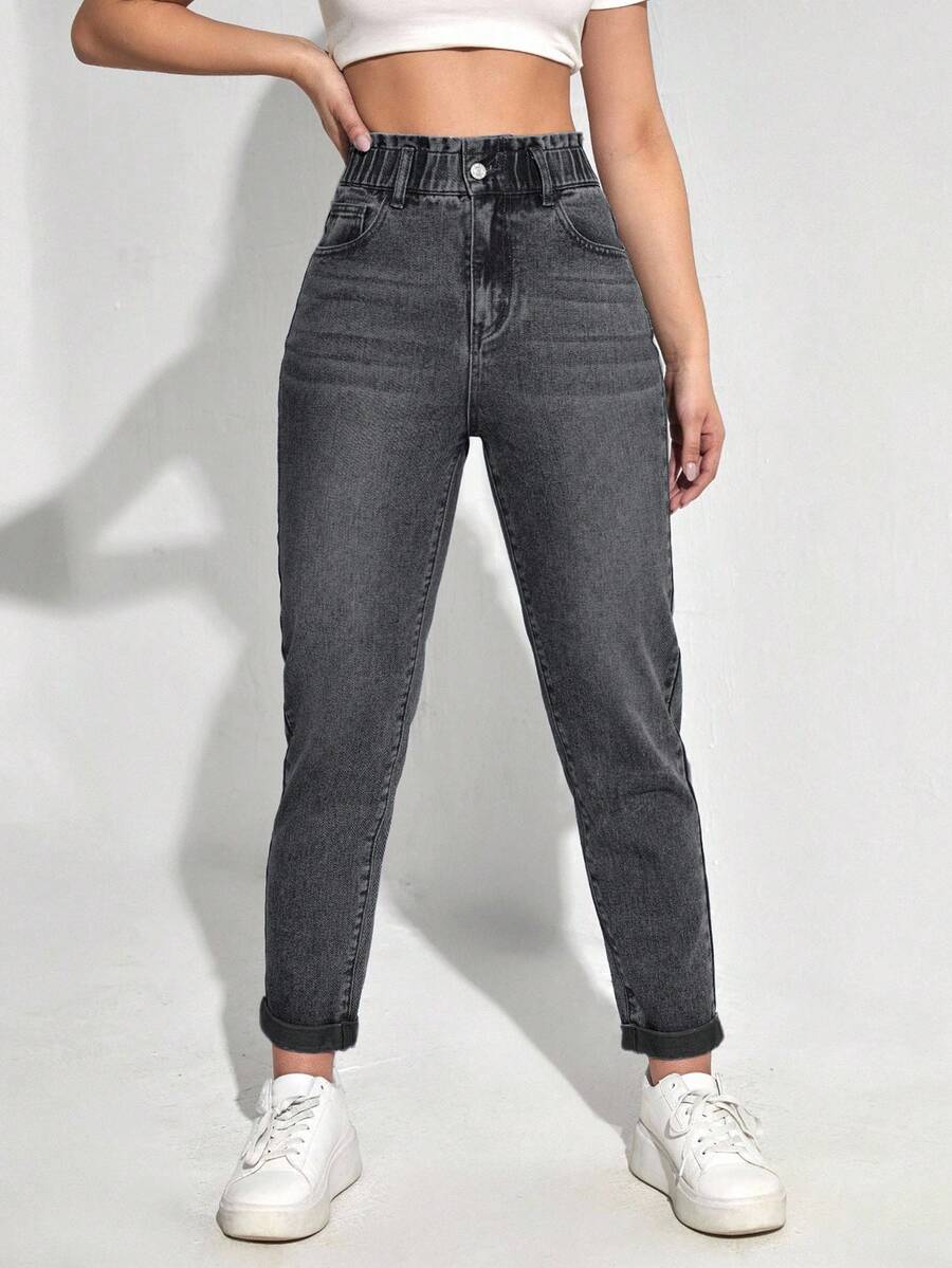 EURMUSE Damskie jeansy typu mom fit z wysokim stanem, uniwersalne, casualowe, szare, 100% bawełny