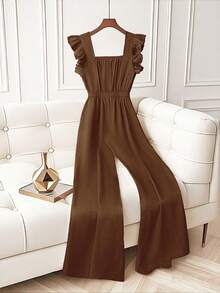 SHEIN Clasi Mono elegante de talla grande para mujer, de unicolor, con cuello cuadrado, mangas con volantes y botones dorados - Marrón - Ver 2