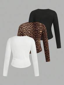 SHEIN EZwear 3件套女士加大码休闲纯色及豹纹圆领褶皱长袖T恤，适合秋冬季节，女士秋季服装3件装上衣紧身露脐长袖露脐豹纹上衣 - 彩色 - 查看 2