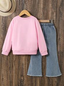2pcs/Set Girls Casual College Style Pink Long Sleeve Crew Neck Sweatshirt With Blue Washed Denim Flare Pants Outfit - Pink - View 2
