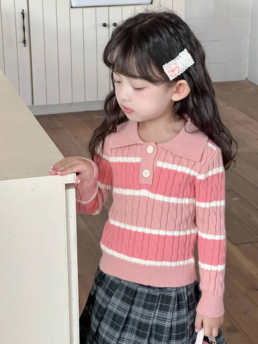 Dazy Kids Girls Striped Textured Knit Turtleneck Sweater, Autumn/Winter - Pink - View 1