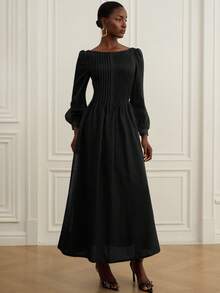 Aveloria Rosie New Romantic Vintage Tea Party Dress, Loose Fit Slimming, Elegant Off Shoulder Ruched Design, Lightweight Sheer Fabric, Puff Sleeves, Solid Color - Black - View 3