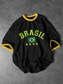 Manfinity Homme Camiseta de parchwork para hombre Manfinity Hypemode, con estampado de elementos y letras de fútbol de Brasil en verde y amarillo, diseño de parchwork de colores contrastantes de manga corta - Negro - Ver 2