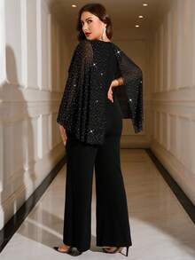 SHEIN Clasi 加大码黑色亮片装饰连体裤，开衩袖设计，适合宴会、派对和各种活动；加大码优雅亮片网纱披肩袖喇叭袖阔腿连体裤，高弹针织面料；女士正式连体裤、婚礼宾客礼服、女士正式礼服、女士生日礼服、女士优雅连衣裙、生日礼服、婚礼宾客礼服、女士高雅装扮、女士派对礼服、飘逸连衣裙、复古风格女士装、秋季女装、加大码秋季服装、新娘母亲礼服、婚礼宾客礼服、婚礼宾客正式礼服、优雅婚礼宾客礼服、加大码婚礼宾客礼服、婚礼礼服、曲线婚礼宾客礼服、参加婚礼的礼服、婚礼场合礼服、女士优雅连衣裙、女士假日装扮，适合多种场合。场合、派对连体裤 - 黑色 - 查看 2