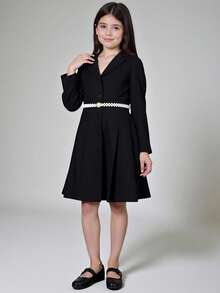 Ontre 少女中式立领纯色下摆褶皱连衣裙 - 黑色 - 查看 1