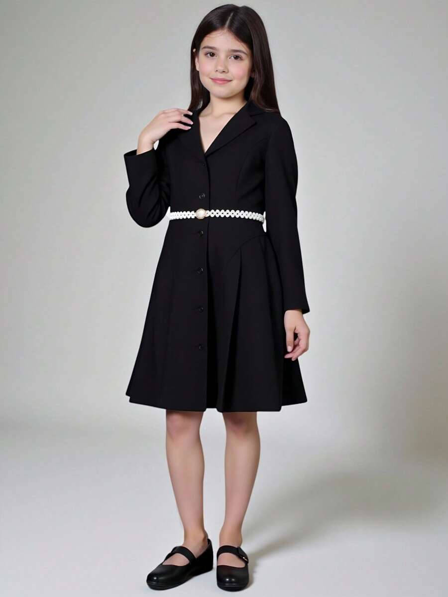 Ontre 少女中式立领纯色下摆褶皱连衣裙 - 黑色 - 查看 1