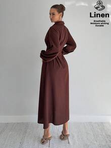 Siren Gaze 秋季女装冬季2025新款优雅棕色亚麻连衣裙，灯笼袖收腰衬衫裙，正式别致教师工作服，透气吸湿排汗派对休闲长裙，秋冬必备女装 - 棕色 - 查看 7