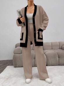 EURMUSE Women's Open Front Colorblock Cardigan And Knitted Pants Set - Multicolor - View 6