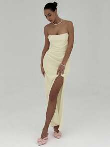 Aloruh 女士纯色褶皱连衣裙，优雅 - 杏色 - 查看 5