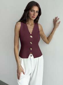 Aloruh Women's Solid Color V-Neck Front Button Casual Fashion Sweater Vest Summer Holiday Simple Commuter Sweater Vest With Unique Metal Buckle Office - Burgundy - View 8