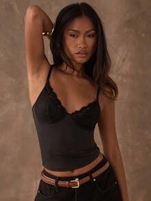 SHEIN BAE Women's Black Casual Simple Lace Camisole, Simple And Casual, Fall Women Clothes,Autumn And Winter ,Inner Wear, Back To School,Going Out Outfits,Black Tops