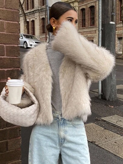 DAZY 女士纯色长袖开襟宽松蓬松冬季外套