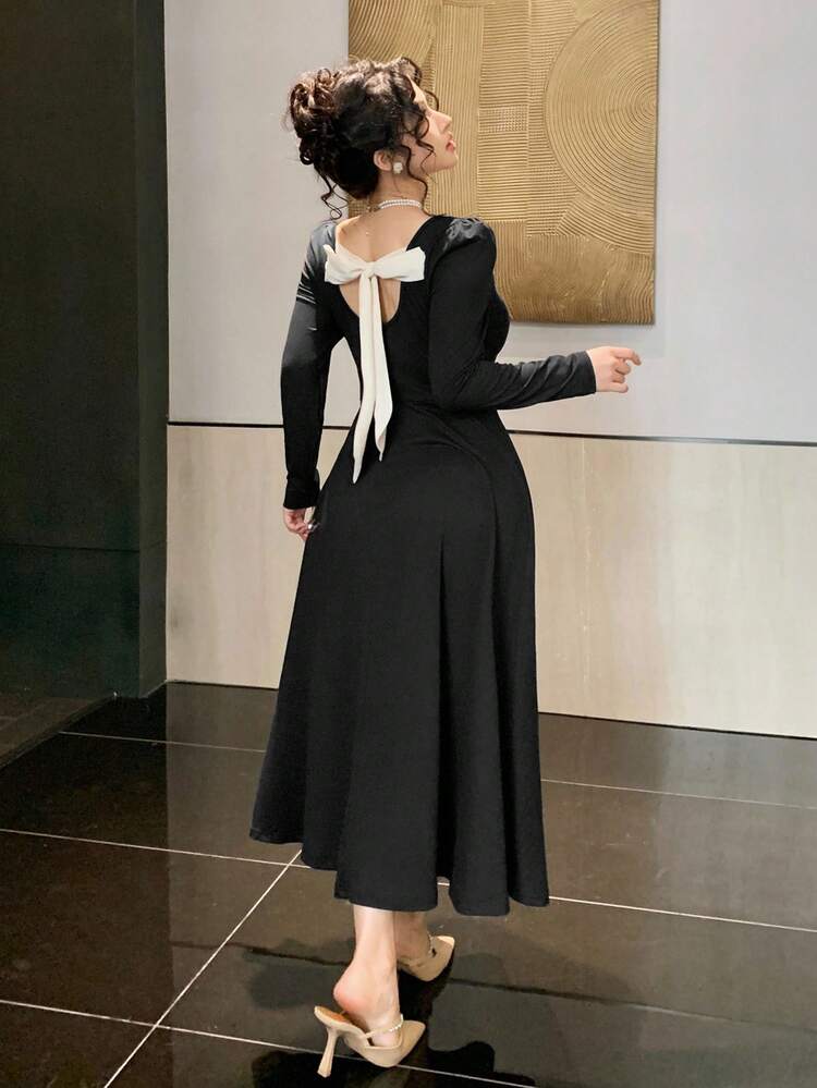 Women's Elegant Solid Color Square Neck Mid-Length Dress, Autumn