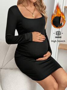 SHEIN 孕妇纯色方领长袖修身连衣裙 - 黑色 - 查看 3