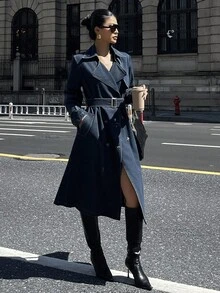 DAZY 女式秋季翻领收腰牛仔长款夹克 - 藍色 - 查看 4