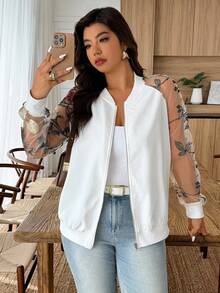 Weeklong Chaqueta con cremallera de talla grande, panel de malla y bordado floral - Blanco - Ver 3