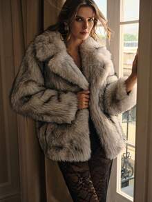 MOTF PREMIUM 秋冬款瀑布长袖仿皮草大衣 - 灰色 - 查看 7