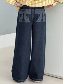 DAZY 秋冬款女童蝴蝶结印花牛仔裤 - 藍色 - 查看 7